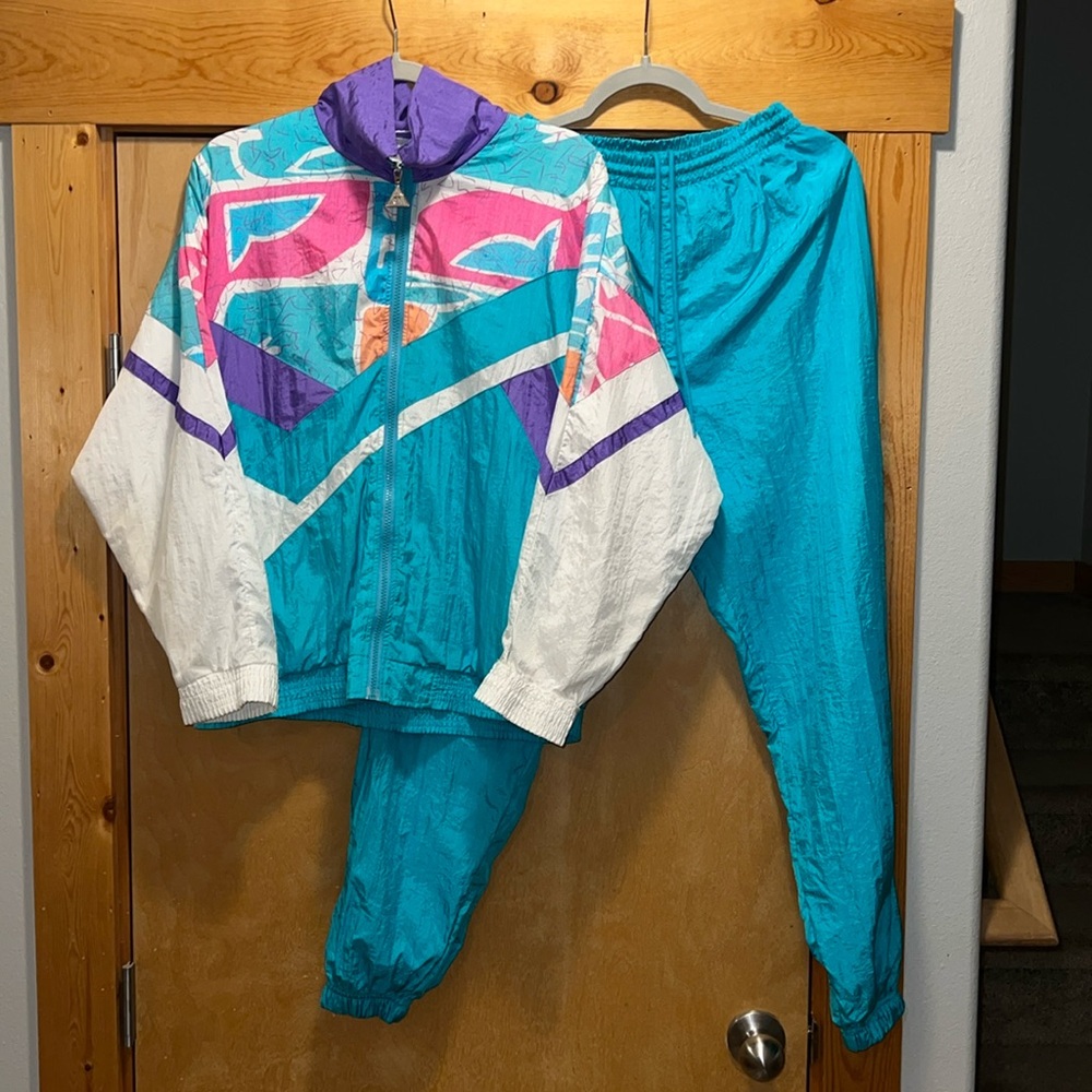Vintage Casual Isle 80's 90's VTG Retro Windbreaker Zip Sz S Petite Pink/Blue